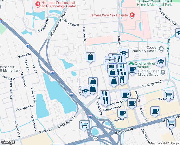 map of restaurants, bars, coffee shops, grocery stores, and more near 500 Benevita Place in Hampton