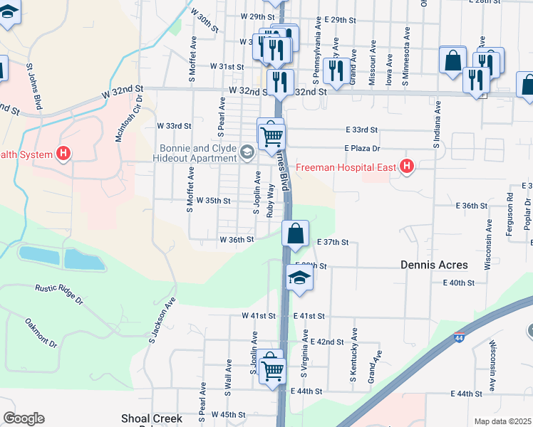 map of restaurants, bars, coffee shops, grocery stores, and more near 3526 West 36th Street in Joplin