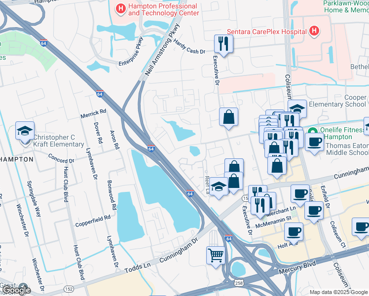map of restaurants, bars, coffee shops, grocery stores, and more near 100 Monticello Mews in Hampton