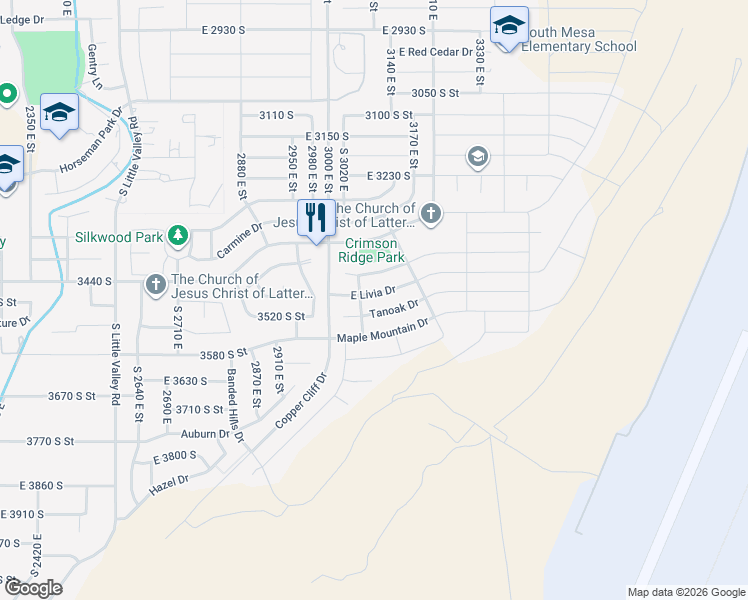 map of restaurants, bars, coffee shops, grocery stores, and more near 3078 Tanoak Drive in St. George