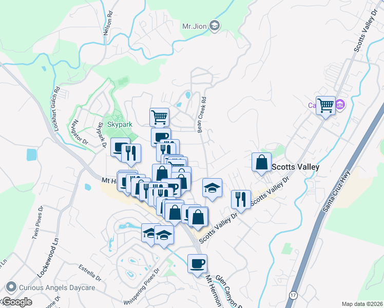 map of restaurants, bars, coffee shops, grocery stores, and more near 211 Bean Creek Road in Scotts Valley
