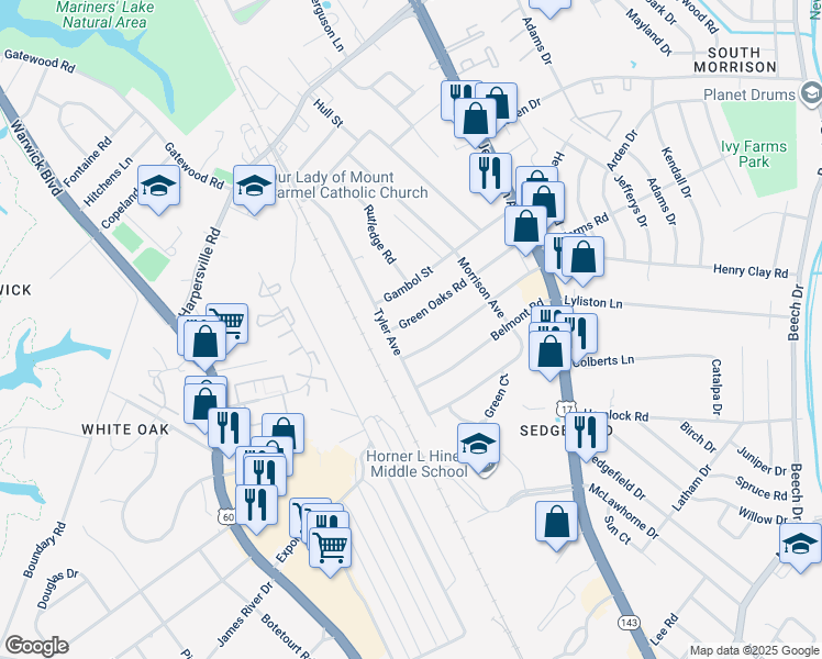 map of restaurants, bars, coffee shops, grocery stores, and more near 47 Green Oaks Road in Newport News