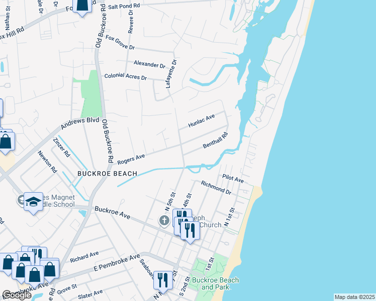 map of restaurants, bars, coffee shops, grocery stores, and more near 446 Benthall Road in Hampton