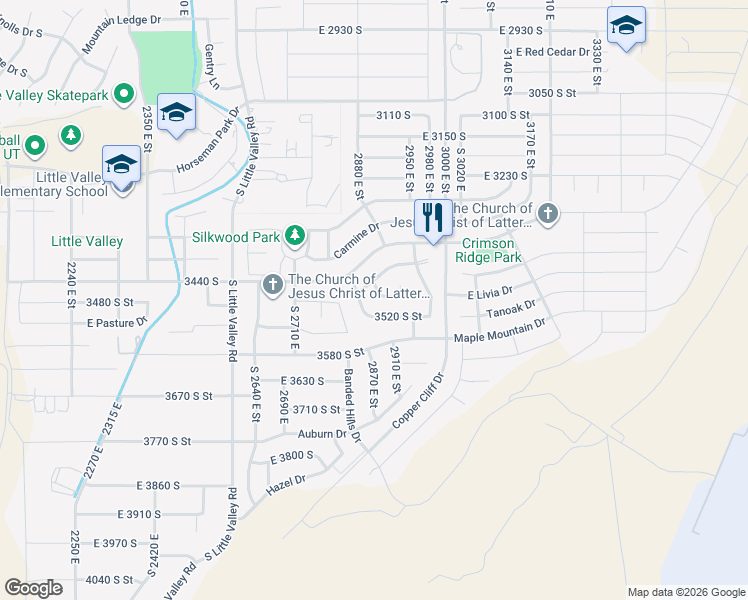 map of restaurants, bars, coffee shops, grocery stores, and more near 2884 East 3460 South in St. George
