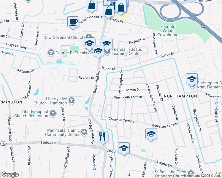 map of restaurants, bars, coffee shops, grocery stores, and more near 850 Thames Drive in Hampton