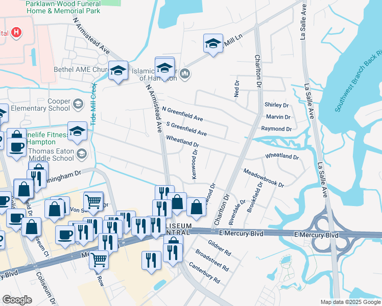 map of restaurants, bars, coffee shops, grocery stores, and more near 33 Kenwood Drive in Hampton