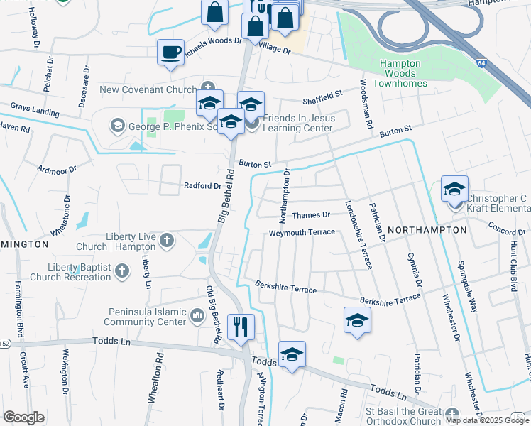 map of restaurants, bars, coffee shops, grocery stores, and more near 848 Thames Drive in Hampton