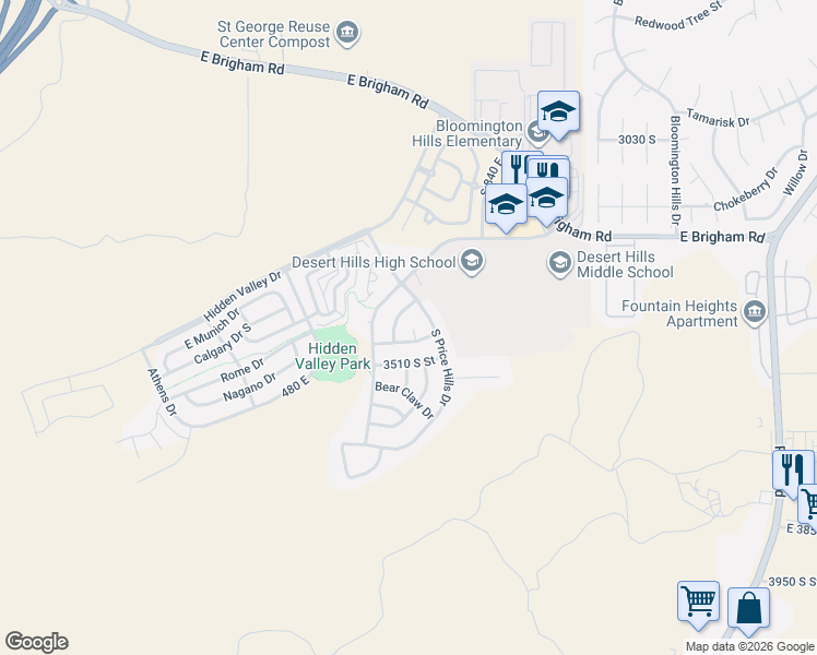 map of restaurants, bars, coffee shops, grocery stores, and more near 3450 South 670 East in St. George