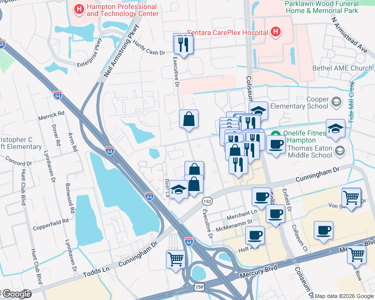 map of restaurants, bars, coffee shops, grocery stores, and more near 2205 Executive Drive in Hampton