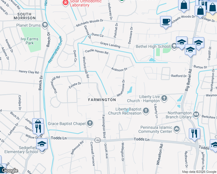 map of restaurants, bars, coffee shops, grocery stores, and more near 14 Manor Hill Court in Hampton