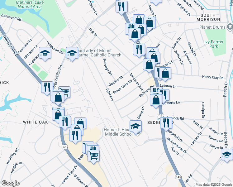 map of restaurants, bars, coffee shops, grocery stores, and more near 47 Green Oaks Road in Newport News