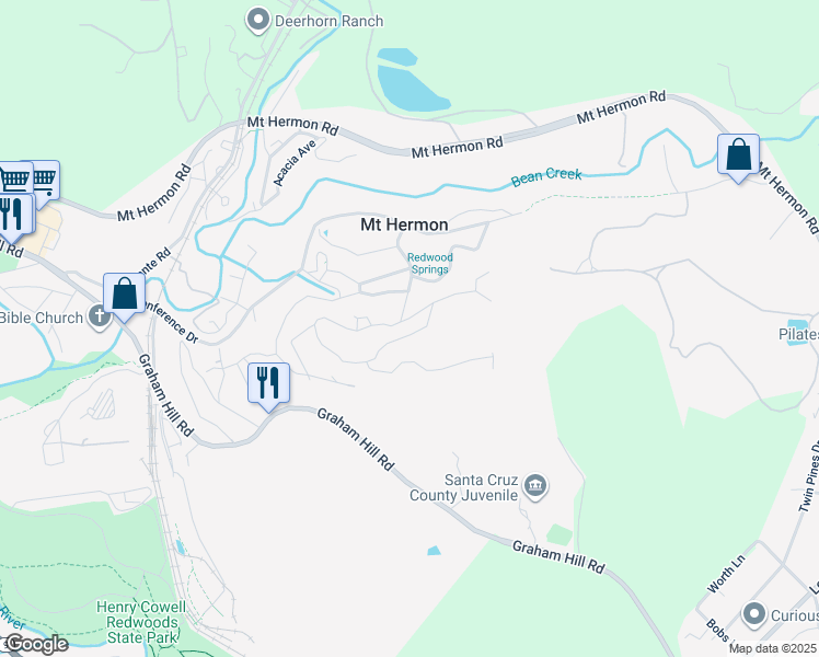 map of restaurants, bars, coffee shops, grocery stores, and more near 2 Madrone Avenue in Mount Hermon