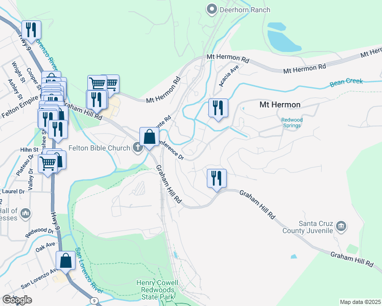 map of restaurants, bars, coffee shops, grocery stores, and more near 44 Park Way in Felton