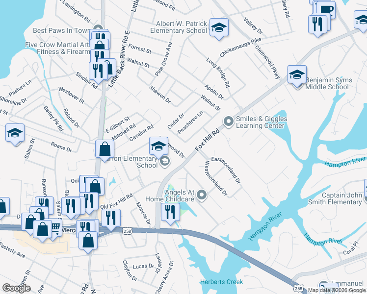 map of restaurants, bars, coffee shops, grocery stores, and more near 469 Cedar Drive in Hampton