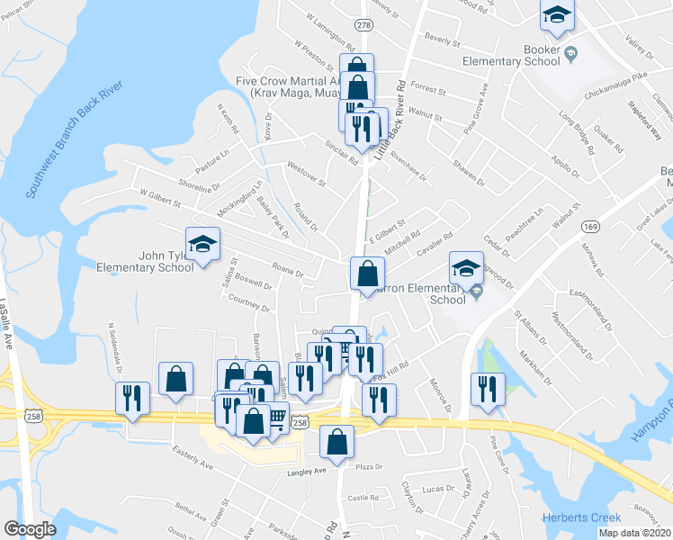 map of restaurants, bars, coffee shops, grocery stores, and more near 101 West Gilbert Street in Hampton