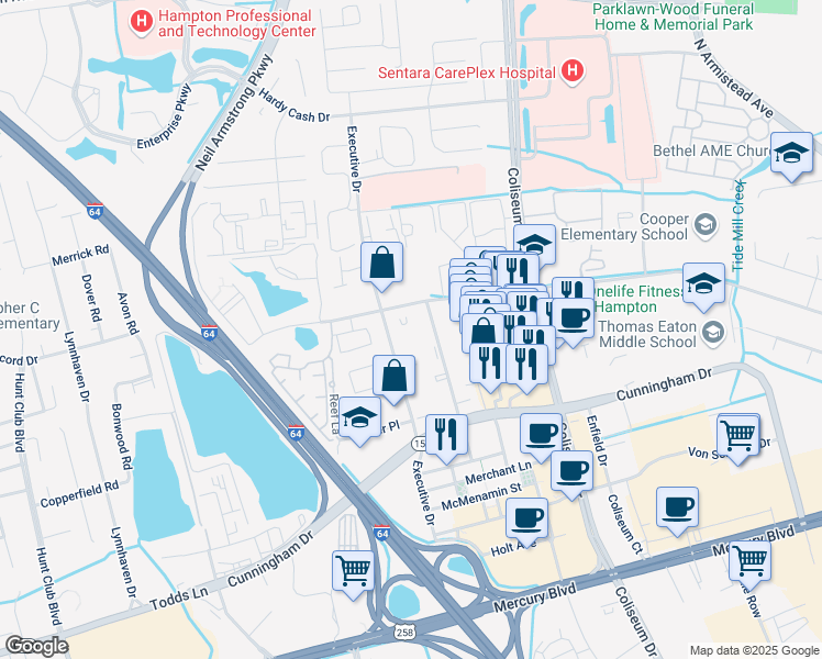 map of restaurants, bars, coffee shops, grocery stores, and more near 301-305 Marcella Road in Hampton