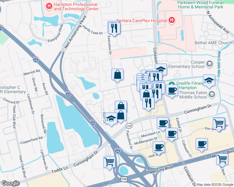 map of restaurants, bars, coffee shops, grocery stores, and more near 2205 Executive Drive in Hampton