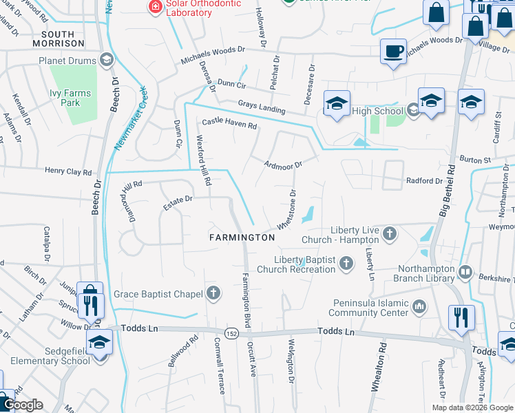 map of restaurants, bars, coffee shops, grocery stores, and more near 14 Manor Hill Court in Hampton