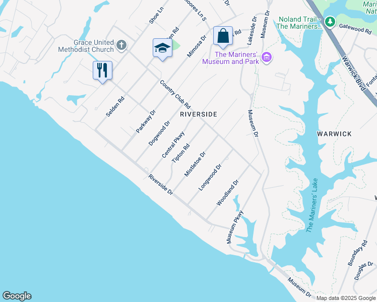 map of restaurants, bars, coffee shops, grocery stores, and more near 126 Tipton Road in Newport News