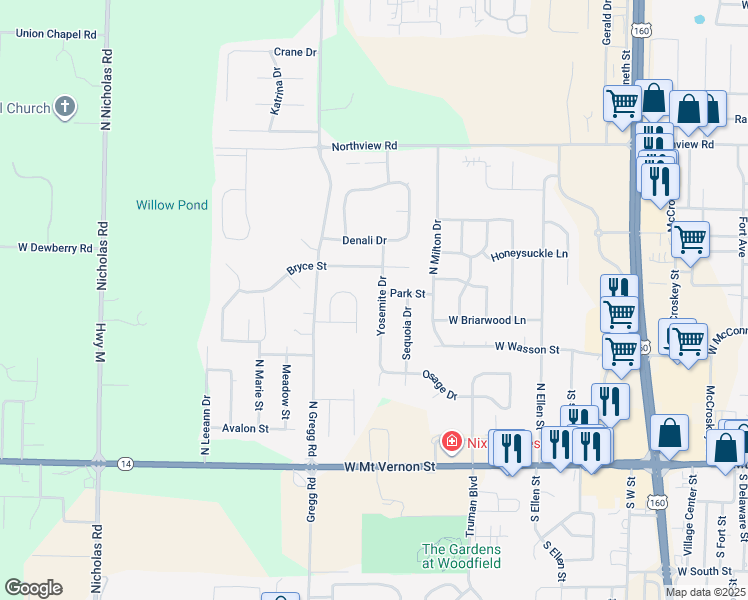 map of restaurants, bars, coffee shops, grocery stores, and more near 509 Yosemite Drive in Nixa