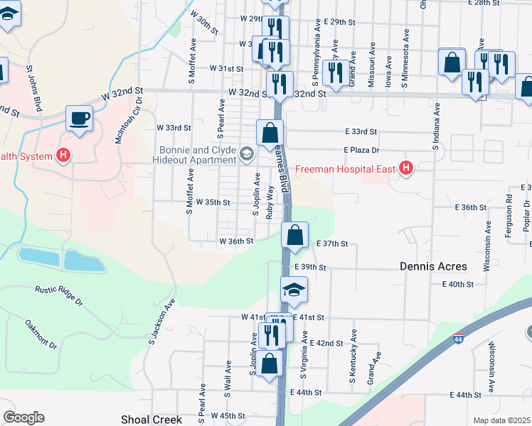 map of restaurants, bars, coffee shops, grocery stores, and more near 3441 Ruby Way in Joplin