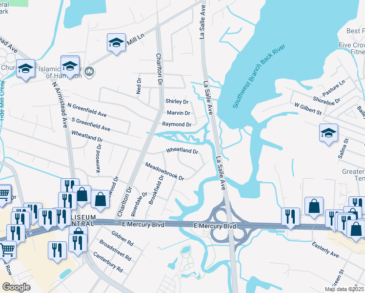 map of restaurants, bars, coffee shops, grocery stores, and more near 20 Wheatland Drive in Hampton