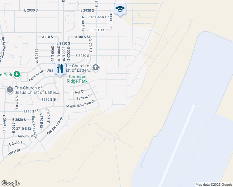 map of restaurants, bars, coffee shops, grocery stores, and more near 3314 Livia Drive in St. George