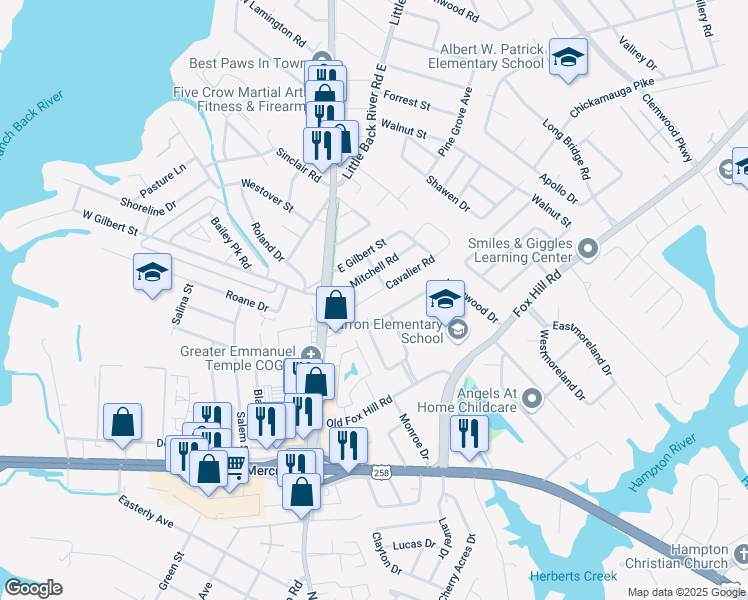 map of restaurants, bars, coffee shops, grocery stores, and more near 22 Cavalier Road in Hampton