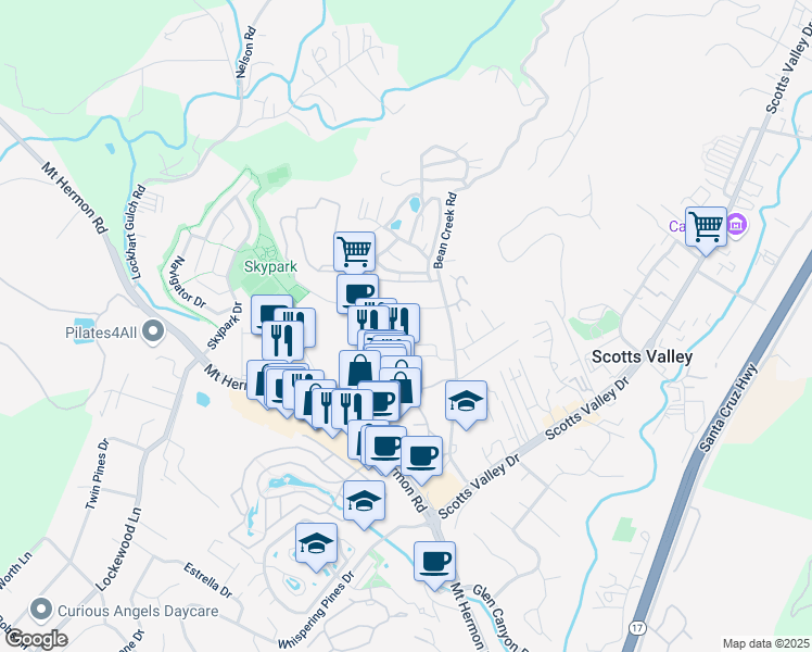 map of restaurants, bars, coffee shops, grocery stores, and more near 237 Bluebonnet Lane in Scotts Valley