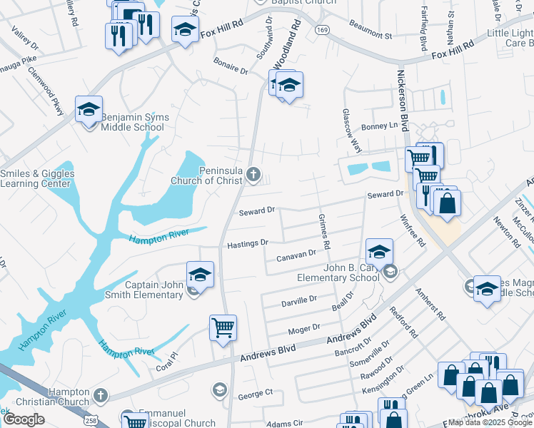 map of restaurants, bars, coffee shops, grocery stores, and more near 1410 Dorene Court in Hampton