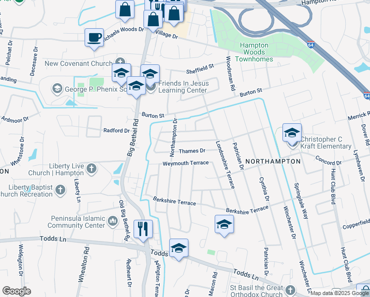 map of restaurants, bars, coffee shops, grocery stores, and more near 826 Thames Drive in Hampton
