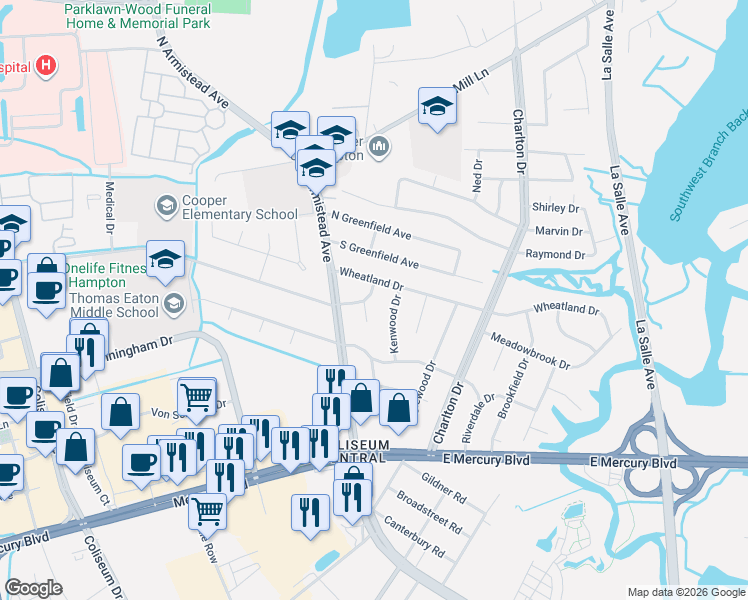 map of restaurants, bars, coffee shops, grocery stores, and more near 72 Wheatland Drive in Hampton