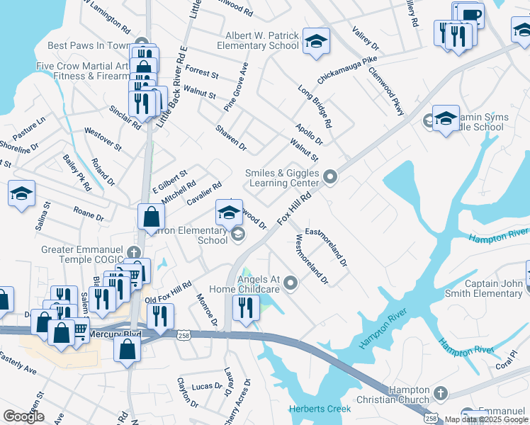map of restaurants, bars, coffee shops, grocery stores, and more near 469 Cedar Drive in Hampton