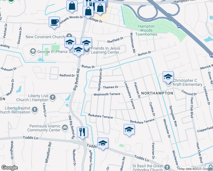 map of restaurants, bars, coffee shops, grocery stores, and more near 826 Thames Drive in Hampton