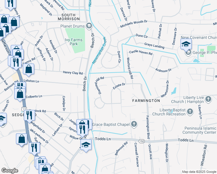 map of restaurants, bars, coffee shops, grocery stores, and more near 10 Waterford Circle in Hampton