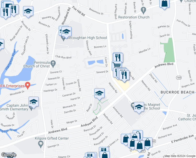 map of restaurants, bars, coffee shops, grocery stores, and more near 2000 Scollin Circle in Hampton