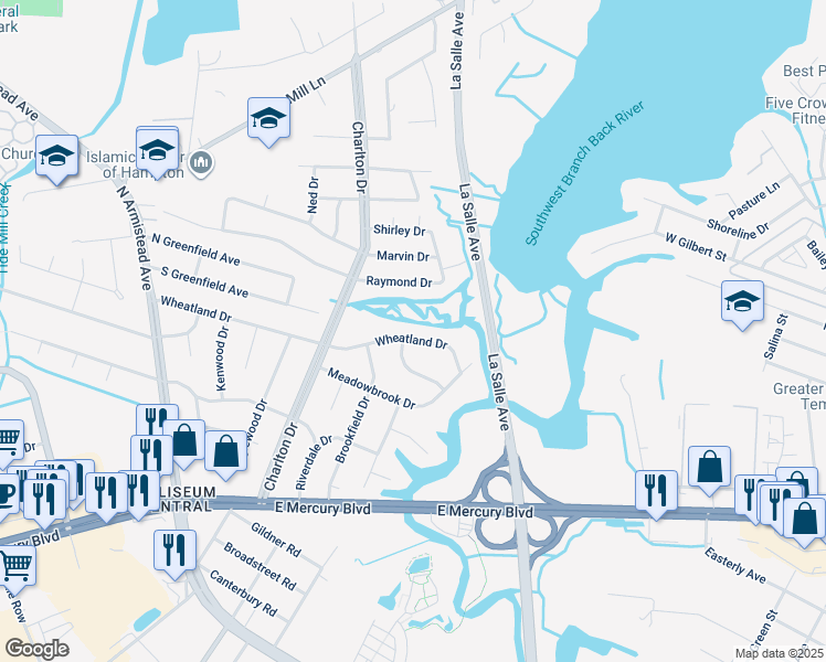 map of restaurants, bars, coffee shops, grocery stores, and more near 20 Wheatland Drive in Hampton