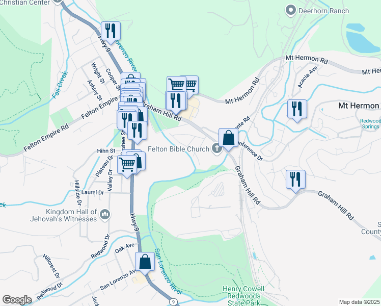 map of restaurants, bars, coffee shops, grocery stores, and more near 460 River Road in Felton