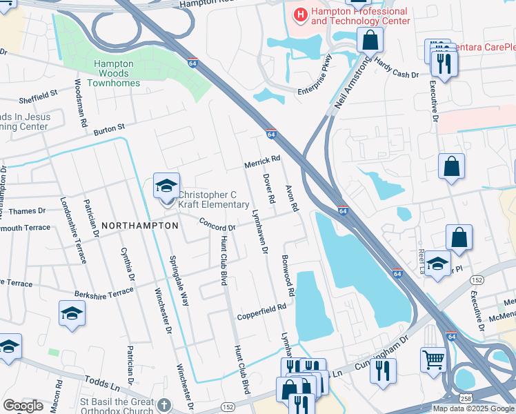 map of restaurants, bars, coffee shops, grocery stores, and more near 206 Lynnhaven Drive in Hampton