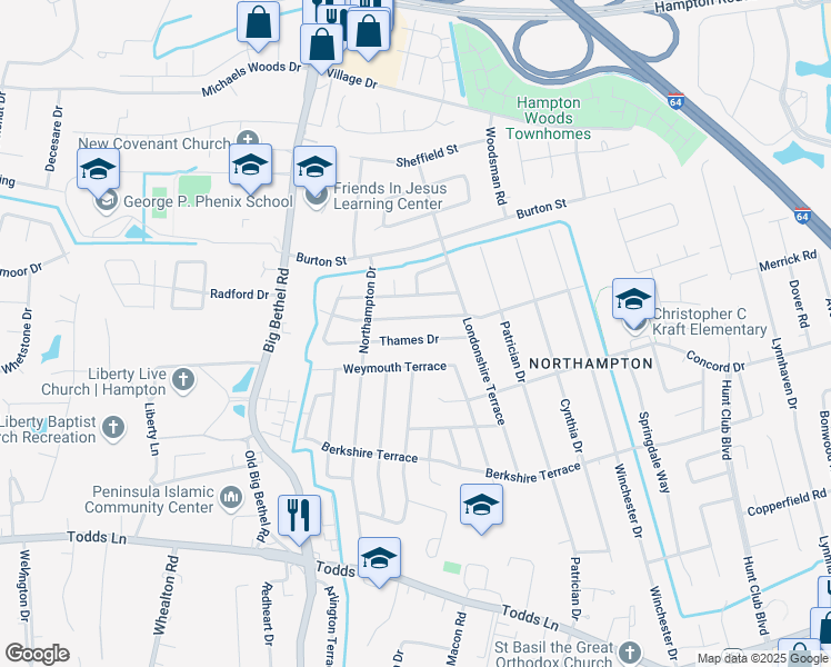 map of restaurants, bars, coffee shops, grocery stores, and more near 814 Headrow Terrace in Hampton