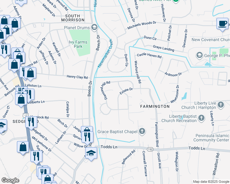 map of restaurants, bars, coffee shops, grocery stores, and more near 10 Waterford Circle in Hampton