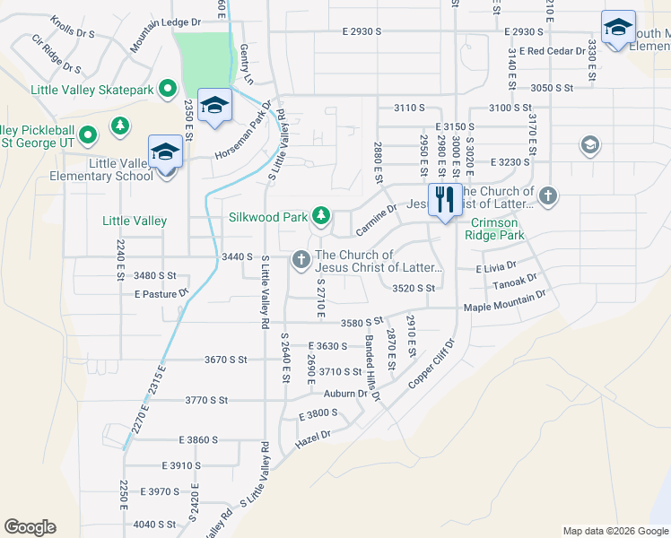 map of restaurants, bars, coffee shops, grocery stores, and more near 2723 Briarwood Drive in St. George
