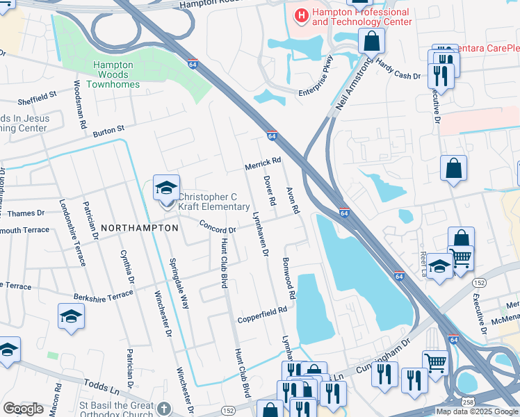 map of restaurants, bars, coffee shops, grocery stores, and more near 206 Lynnhaven Drive in Hampton