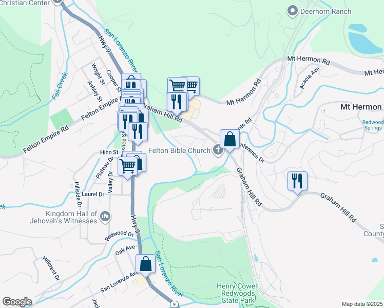 map of restaurants, bars, coffee shops, grocery stores, and more near 460 River Road in Felton