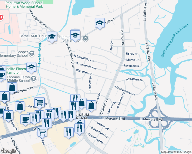 map of restaurants, bars, coffee shops, grocery stores, and more near 63 Wheatland Drive in Hampton
