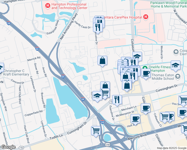 map of restaurants, bars, coffee shops, grocery stores, and more near 513 Marcella Road in Hampton