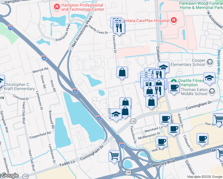 map of restaurants, bars, coffee shops, grocery stores, and more near 414 Marcella Road in Hampton