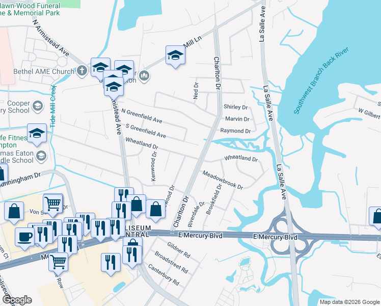map of restaurants, bars, coffee shops, grocery stores, and more near 42 South Greenfield Avenue in Hampton