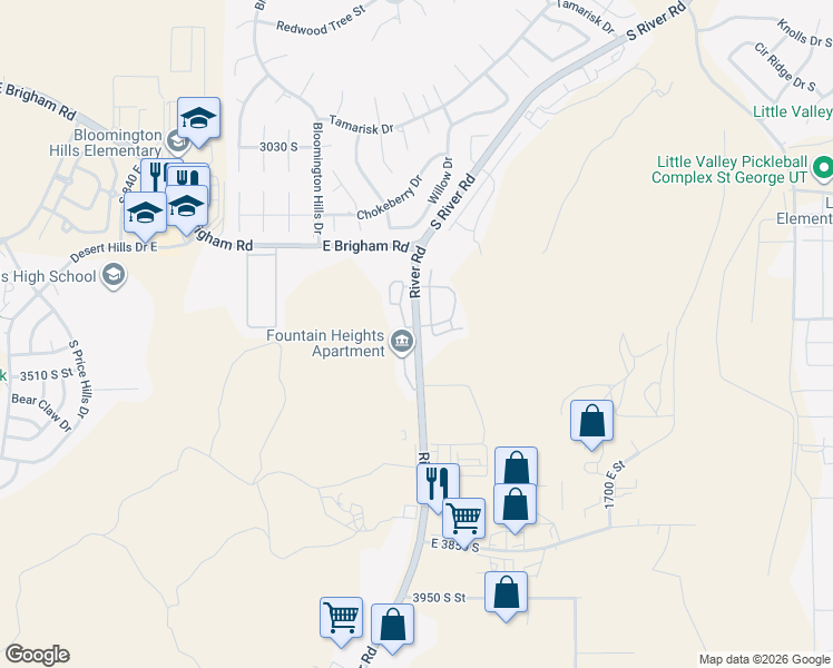 map of restaurants, bars, coffee shops, grocery stores, and more near 4012 South River Road in St. George