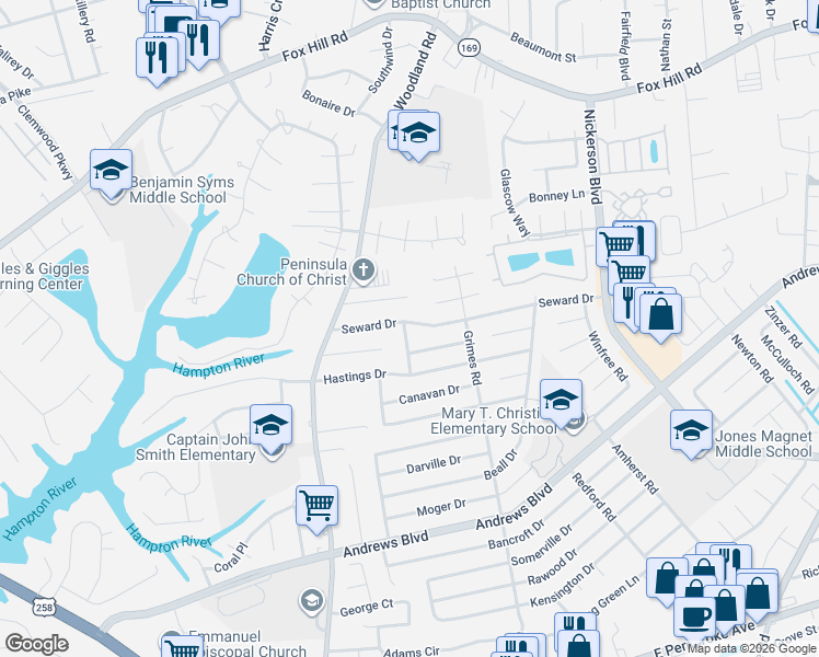 map of restaurants, bars, coffee shops, grocery stores, and more near 1422 Dorene Court in Hampton